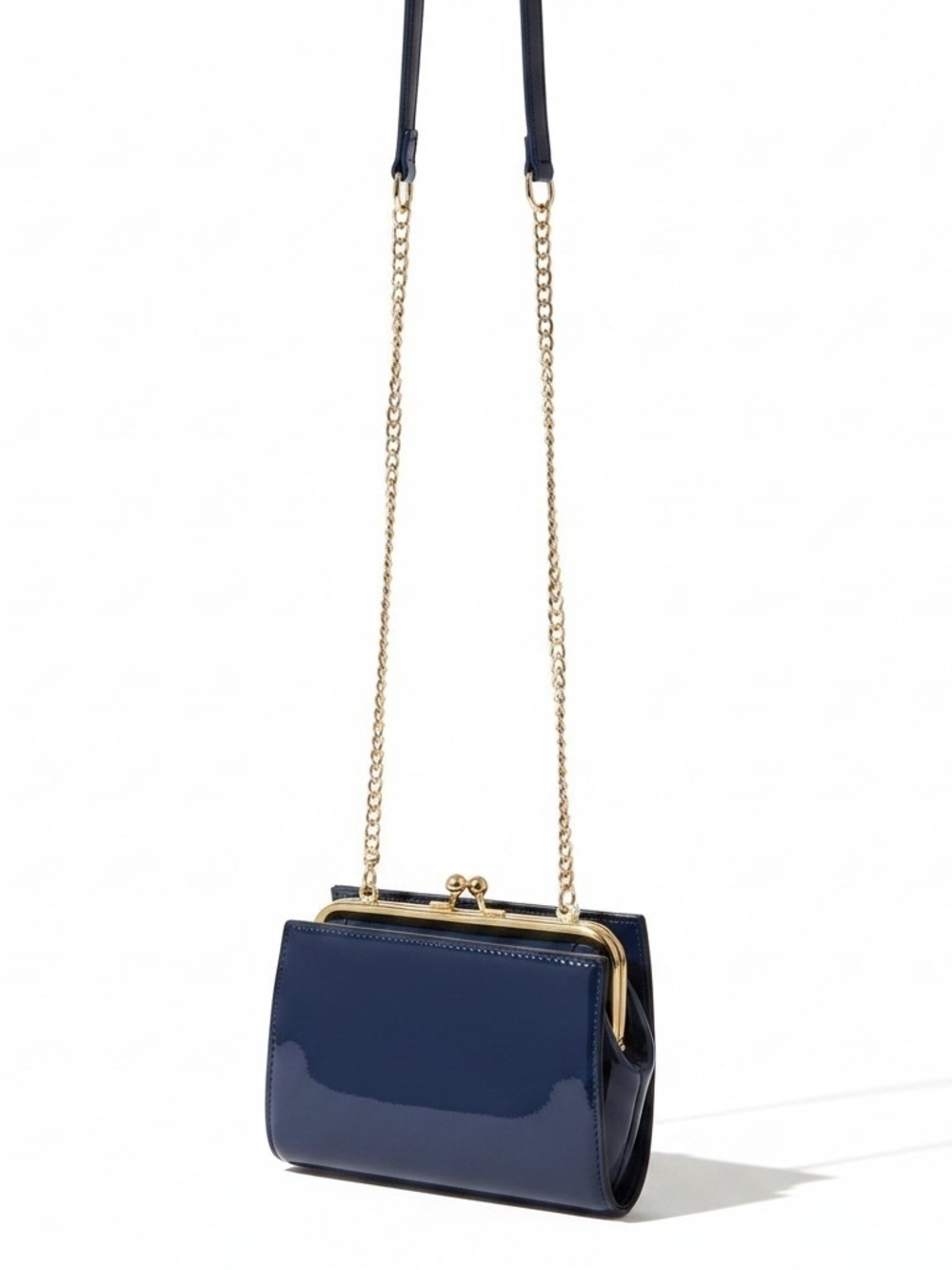Glossy Navy Patent Crossbody with Gold Chain Strap